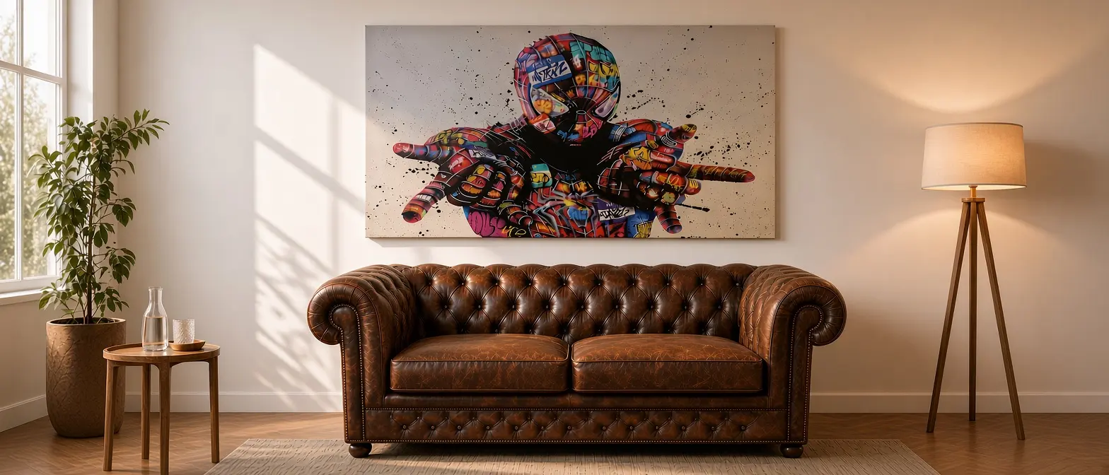 Praxisraum mit Chesterfield-Sofa, großem Pop-Art-Bild, Pflanze und Stehlampe